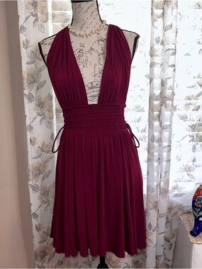 Express Deep Burgundy Plunge Smocked Waist Mini Dress